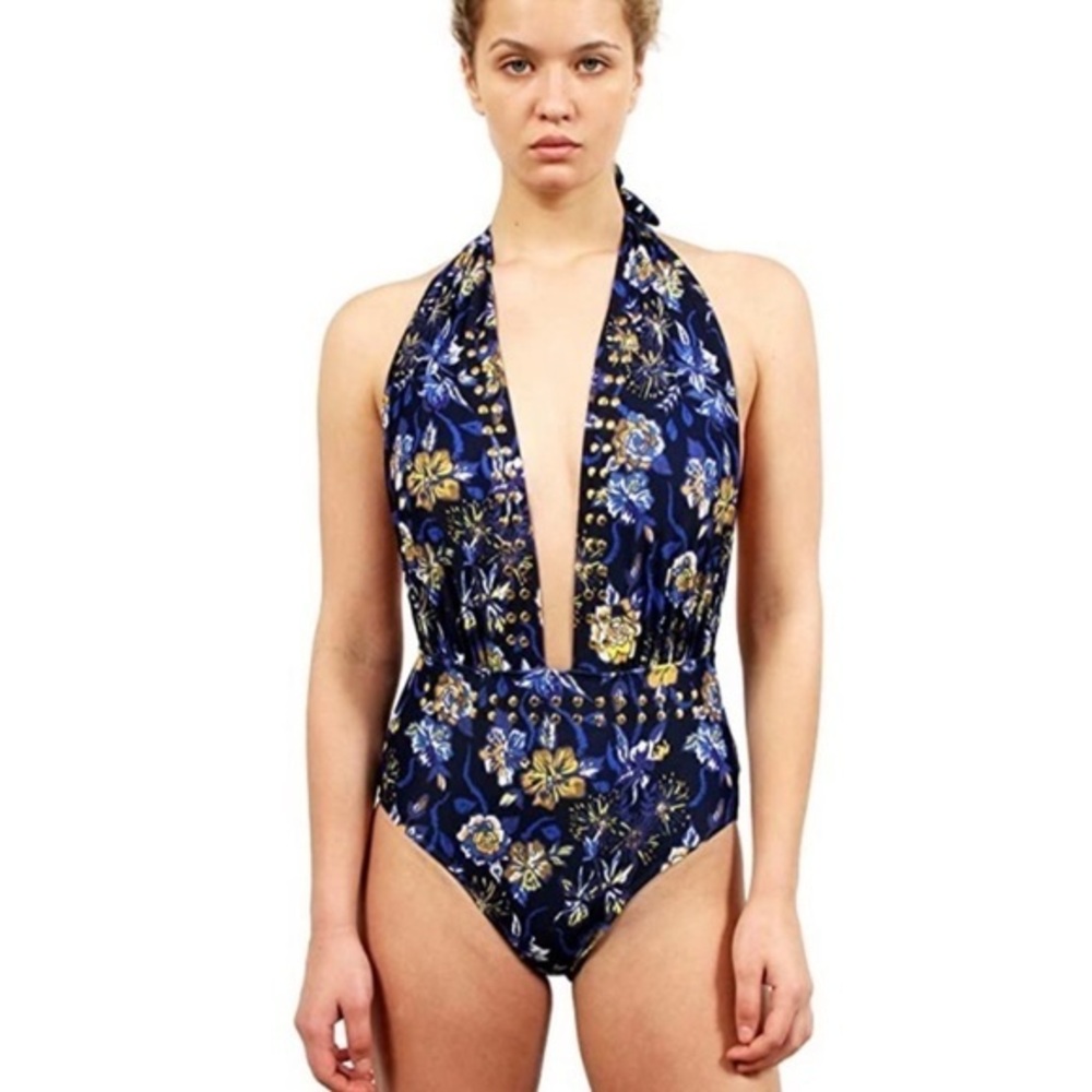 NWT YMI Floral Stud Plunge Halter 1PC Swimsuit
